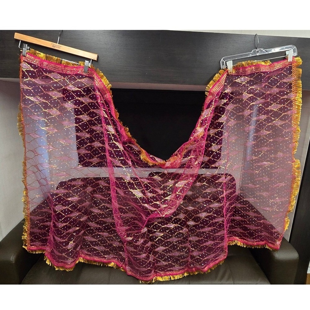 Pink Gold Embroidered Net Dupatta Sequin Fringe Trim South Asian Wedding Scarf